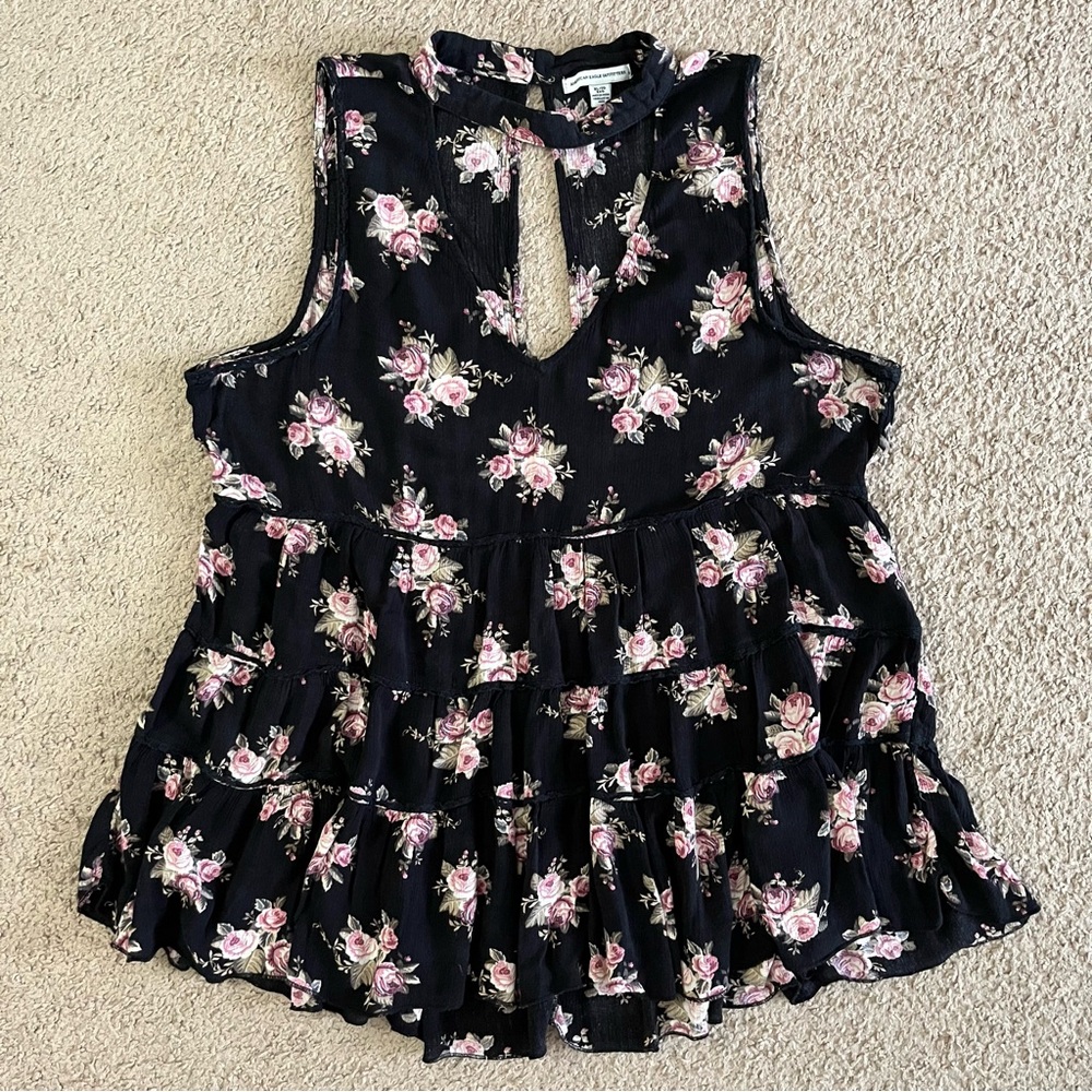American Eagle Outfitters XL Black Floral Ruffle Tank